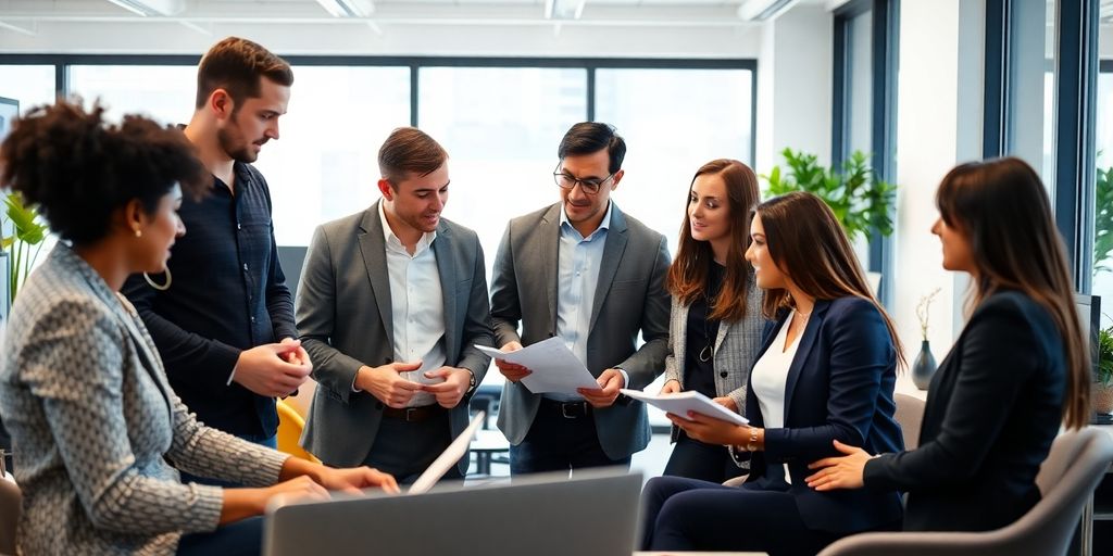 Group of professionals collaborating in a modern office.
