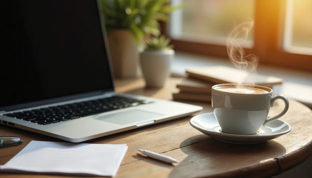 A workspace with a laptop, coffee cup, and notepad.