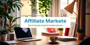 Bright workspace with laptop and affiliate marketing materials.