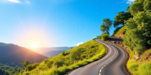 A winding road in a vibrant landscape towards a bright horizon.